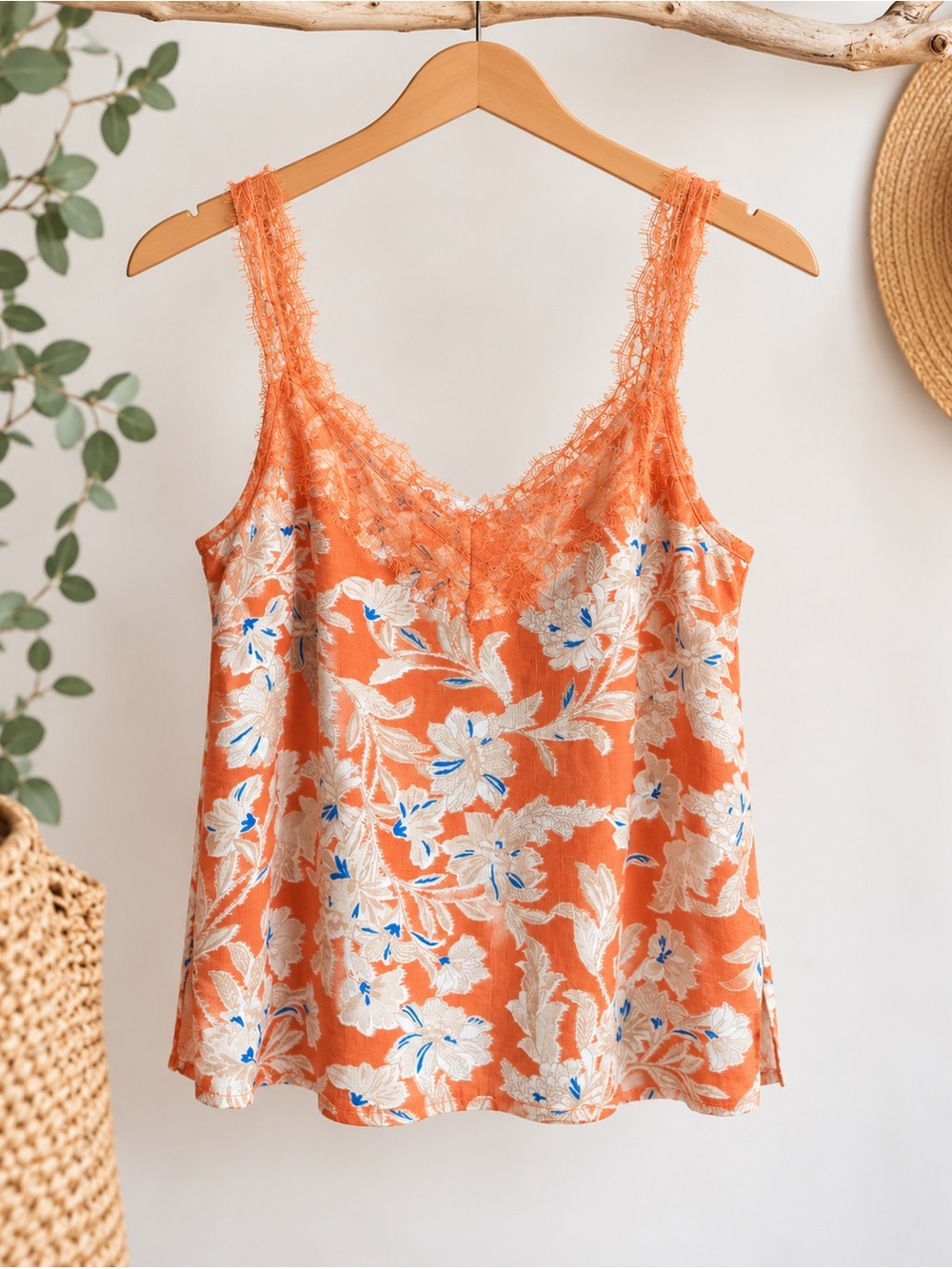 Sam Edelman Palmer Floral Lace Trim Cami Tank Orange Blue M